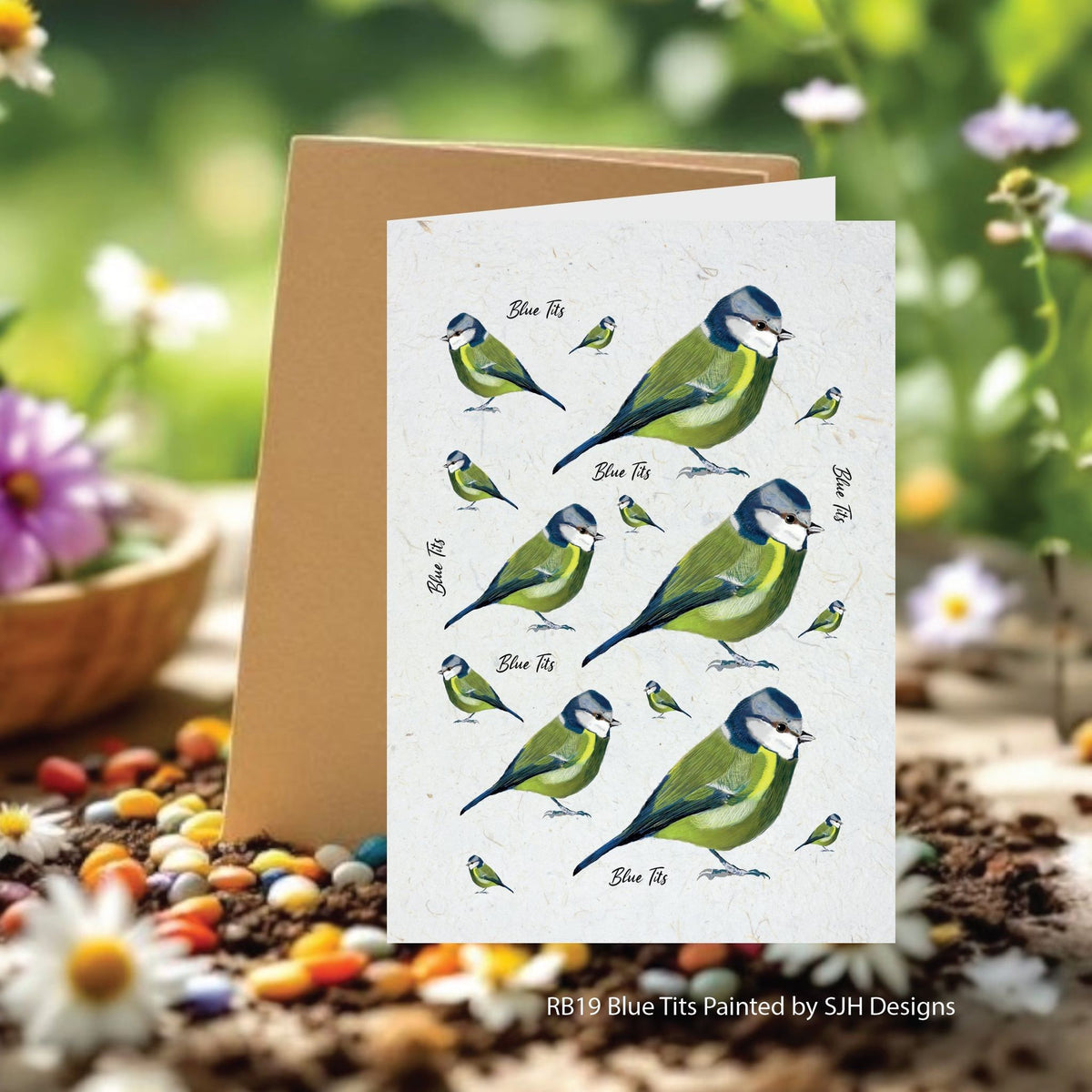 Card with illustrations of Blue Tits on a natural background