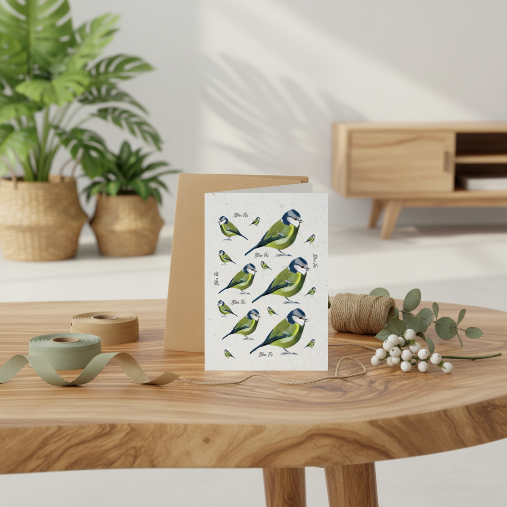 A printed card featuring illustrated blue tits stands on a wooden table in a styled interior setting with plants, ribbon, twine, and white berries. The card is shown in a real environment rather than isolated on a plain studio background, so this fits Lifestyle rather than Product/Packaging.