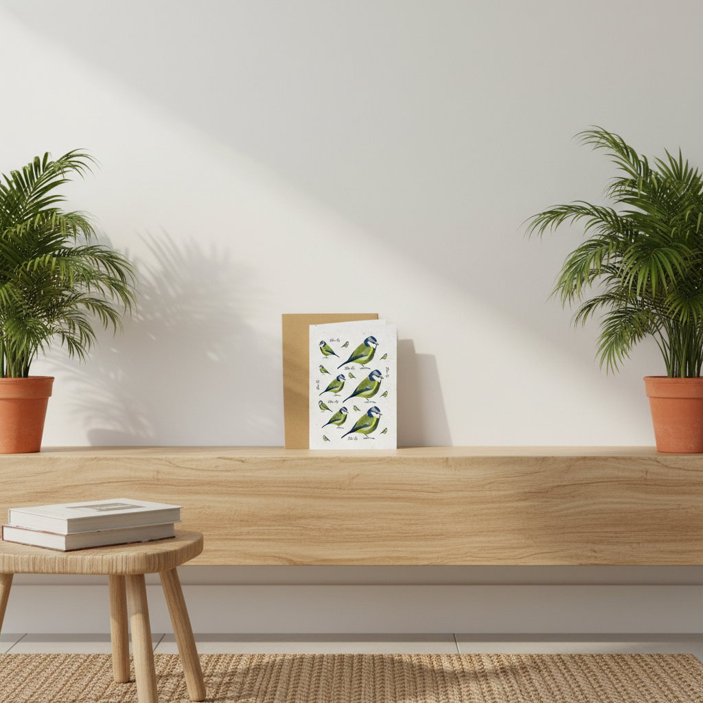 A vertical greeting card featuring watercolor illustrations of blue tits, displayed on a light wood console table between two potted plants.