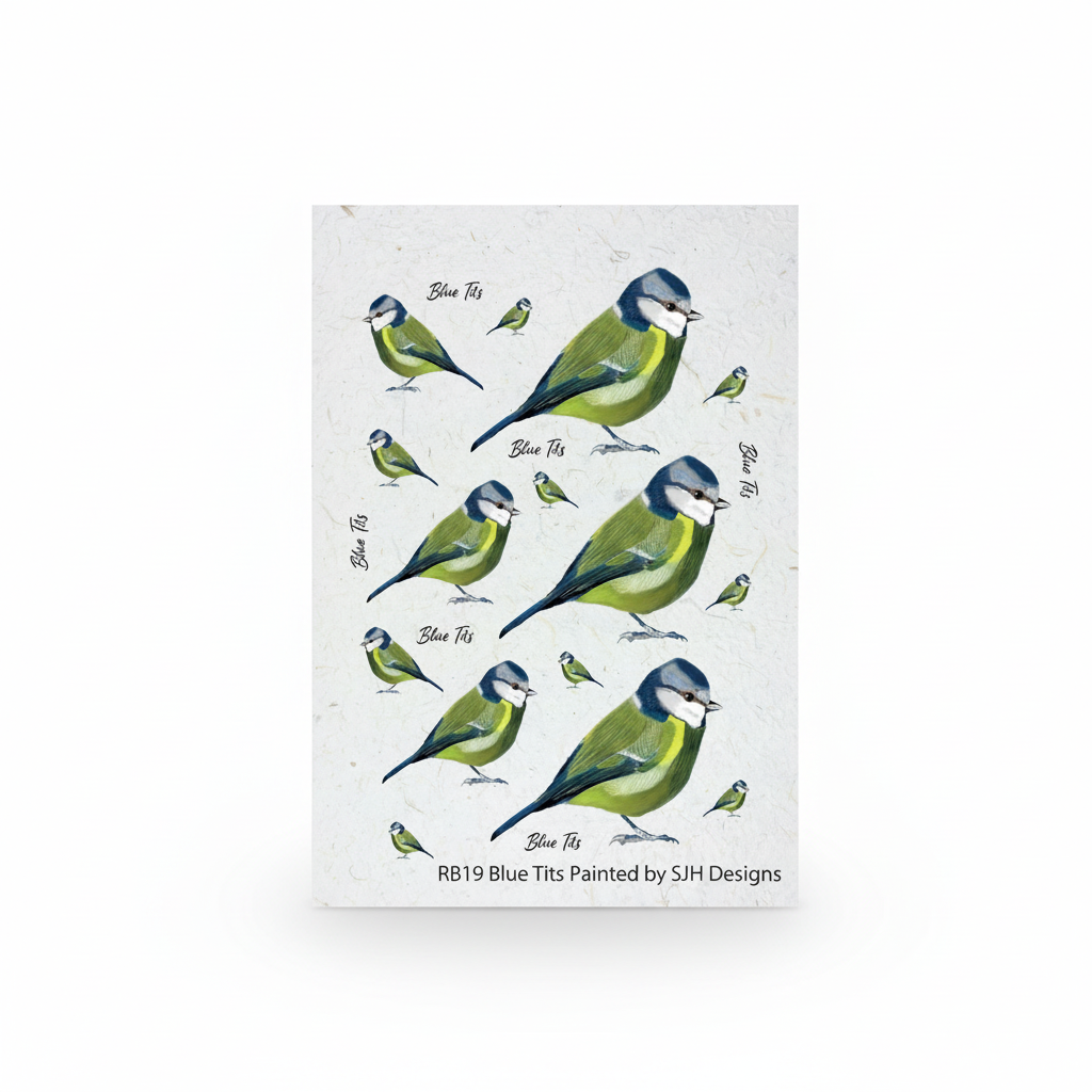 A vertical greeting card featuring multiple painted blue tits on a textured off-white background. 'RB19 BLUE Tits Painted by S.J. Designs