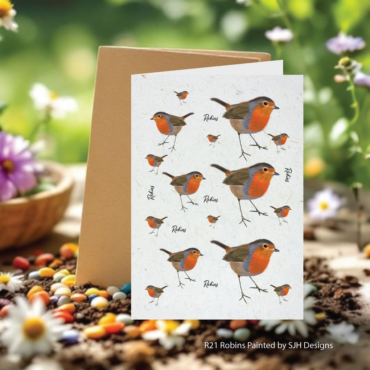 Greeting Card with robin design on a natural background