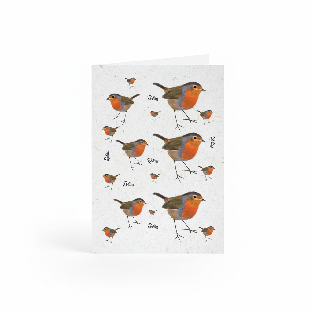 A vertical greeting card featuring a repeating pattern of robin birds in orange, brown, and gray on a textured off-white background, shown against a clean white studio backdrop.