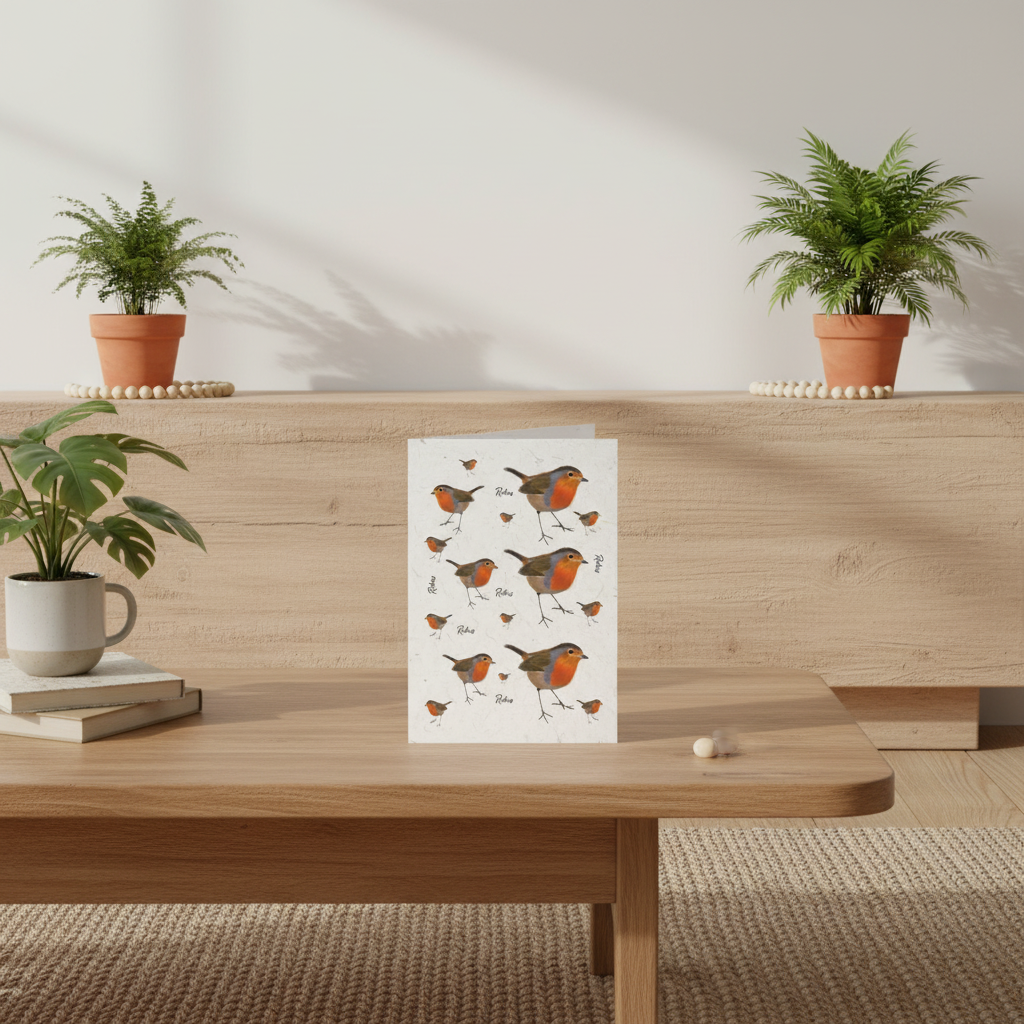 A white greeting card featuring a repeating pattern of robins, styled on a wooden coffee table in a bright, modern living room setting with potted plants in the background.