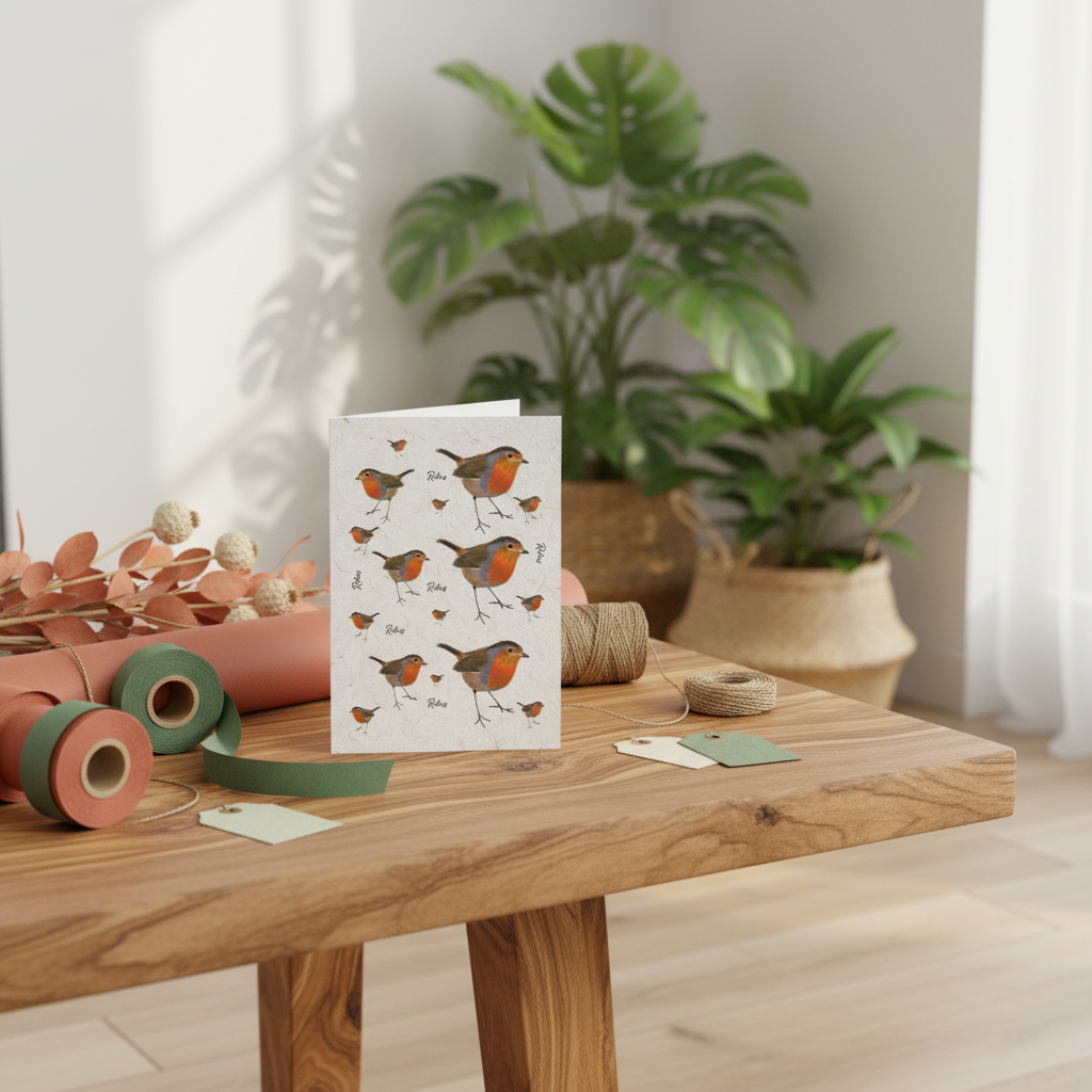 A handmade greeting card featuring watercolor illustrations of robins, displayed on a rustic wooden table surrounded by crafting supplies, with potted plants in the background.