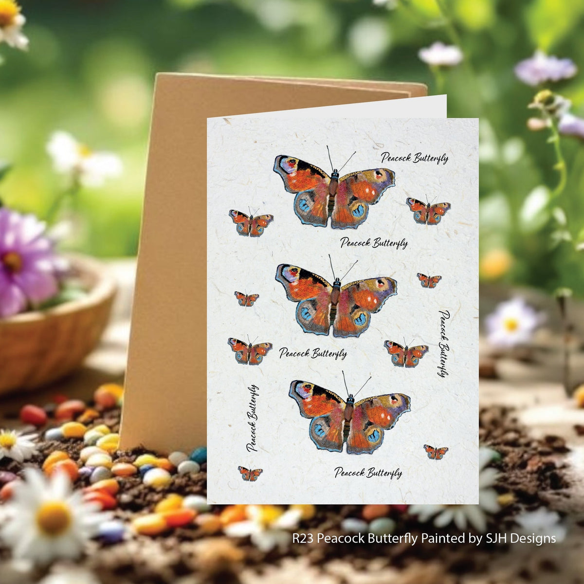 Greeting card with peacock butterfly illustrations on a natural background