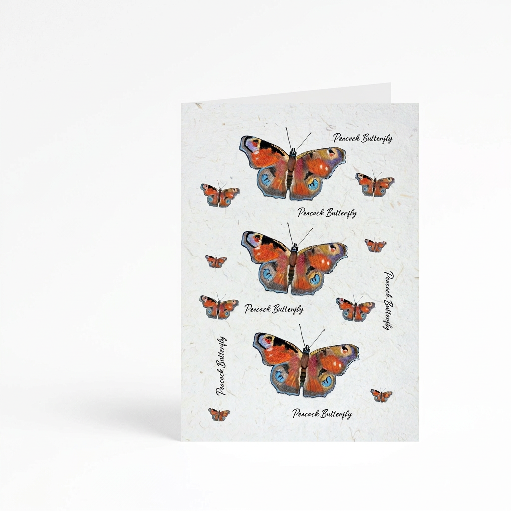 SJH Designs Peacock Butterfly plantable greeting card on a white background