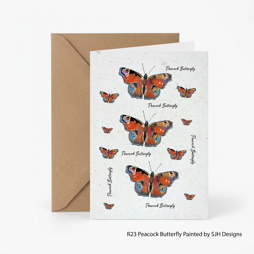 A greeting card with three painted Peacock Butterfly illustrations and handwritten labels, shown in front of a brown kraft envelope on a light gray background. Text below reads 'R23 Peacock Butterfly Painted by SJH Designs'.