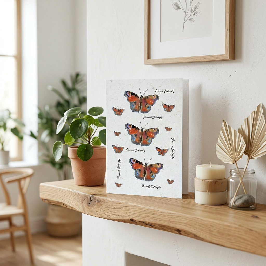 A plantable butterfly art greeting card displayed on a wooden mantel in a styled home interior, alongside a potted plant, candle, and dried palm leaves.