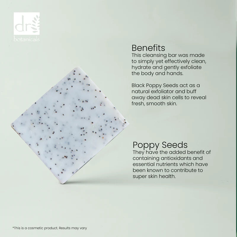 Soap bar with black poppy seeds on a light gray background, featuring DR Botanicals branding.