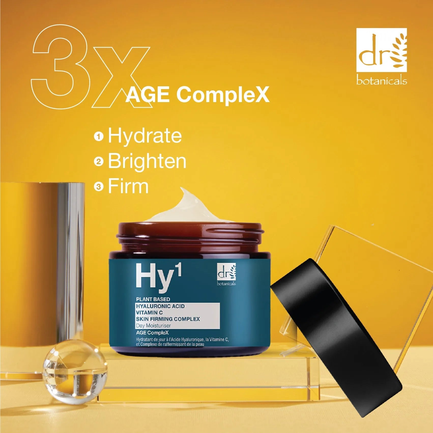 Cosmetic jar labeled 'Hy1' with skincare benefits on a yellow background