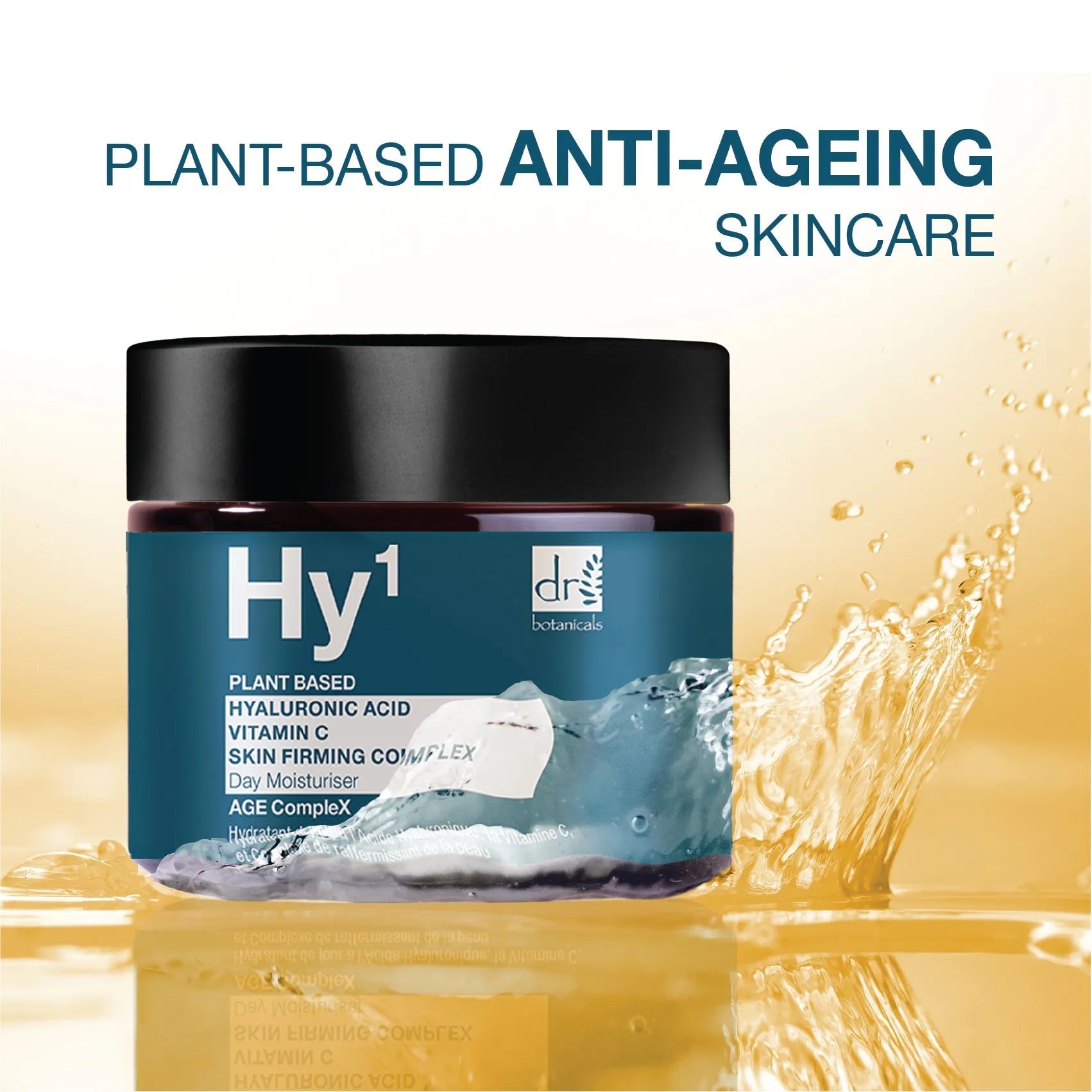 Jar of plant-based anti-aging skincare product with water splash on a gradient background