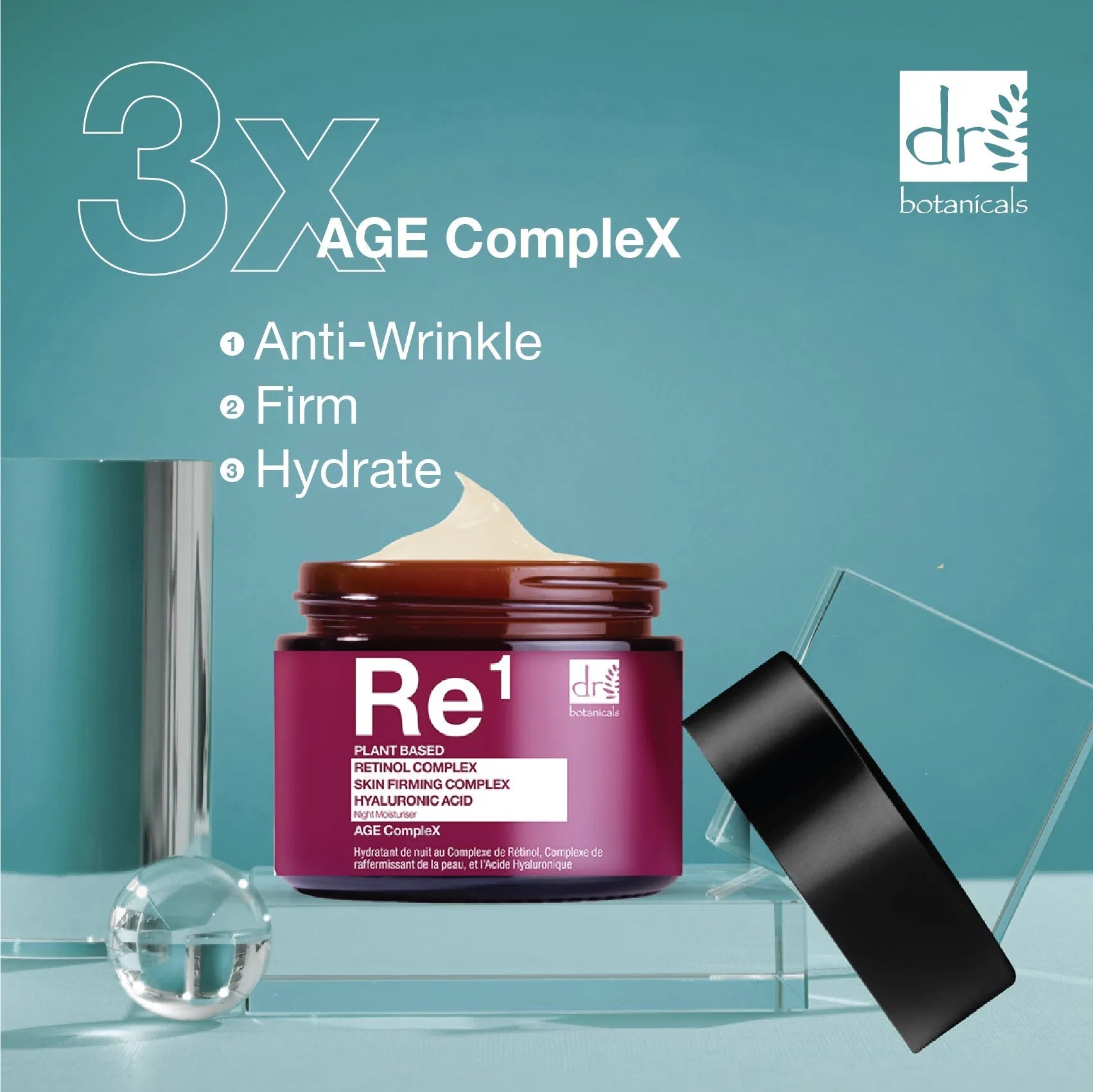 Cosmetic jar labeled 'Re1' with cream on a teal background, featuring '3x AGE CompleX' text.