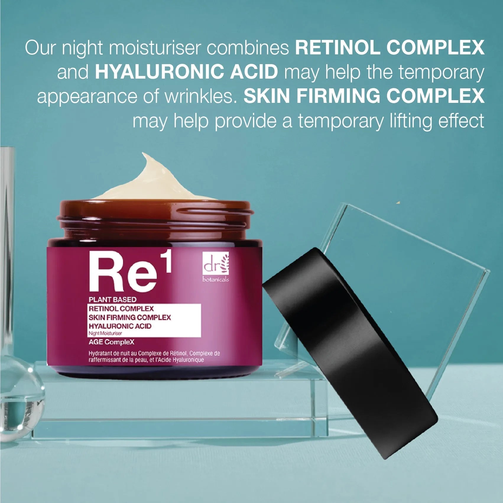 Purple skincare jar with cream on a clear stand against a teal background