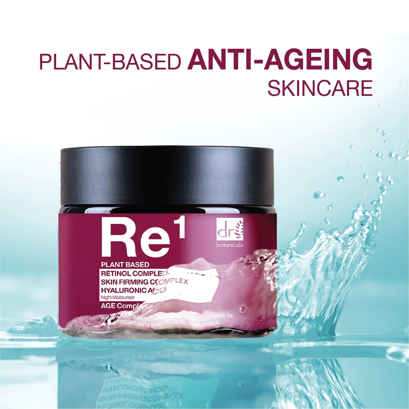 Jar of plant-based anti-aging skincare product with water splash background