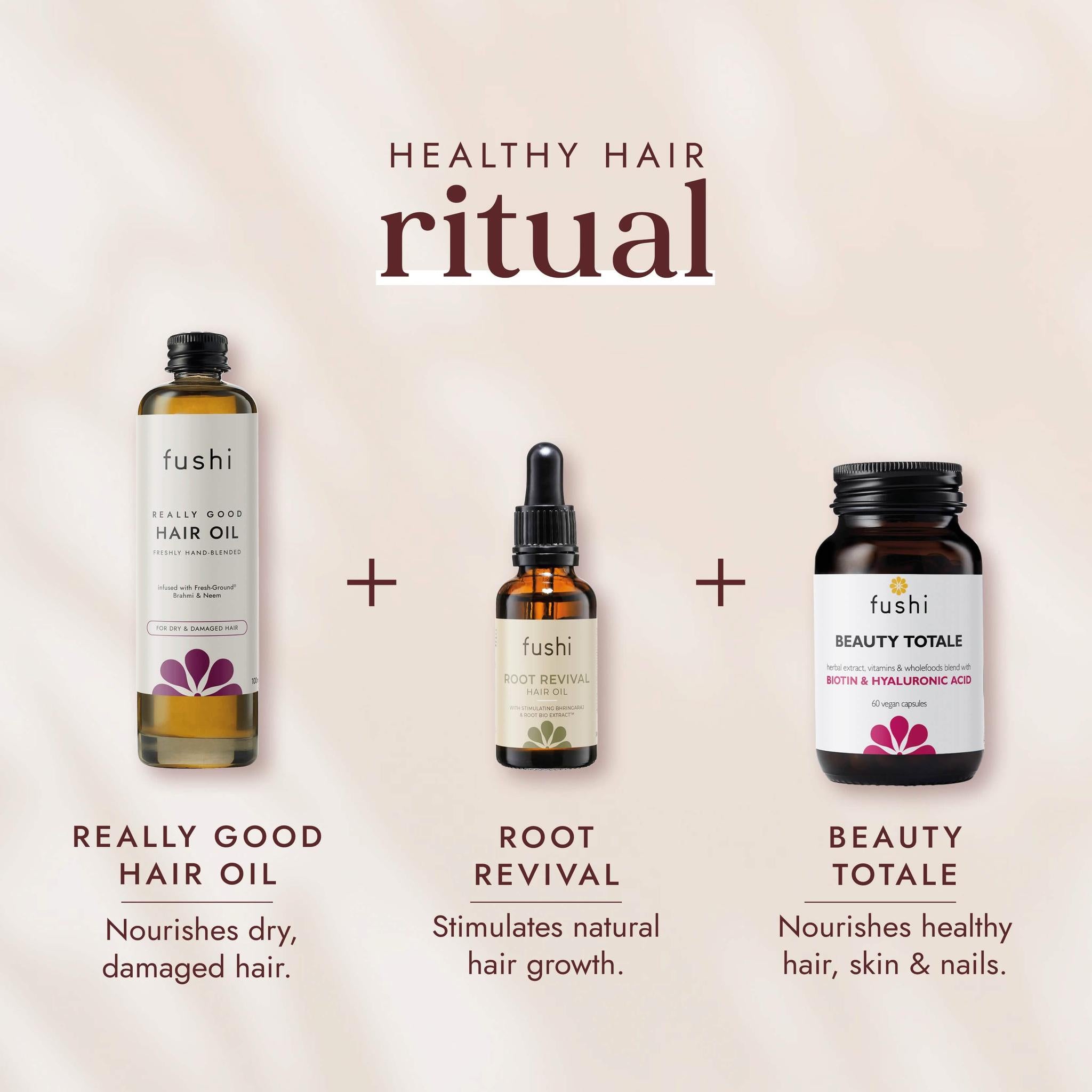 Fushi Healthy Hair Ritual products including hair oil, root revival serum, and Beauty Totale supplement on a beige background.