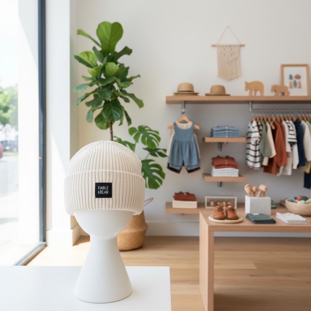 A cream ribbed knit baby beanie hat displayed on a white mannequin head in a boutique setting. The beanie has a small black label reading 'FABLE & BEAR'.