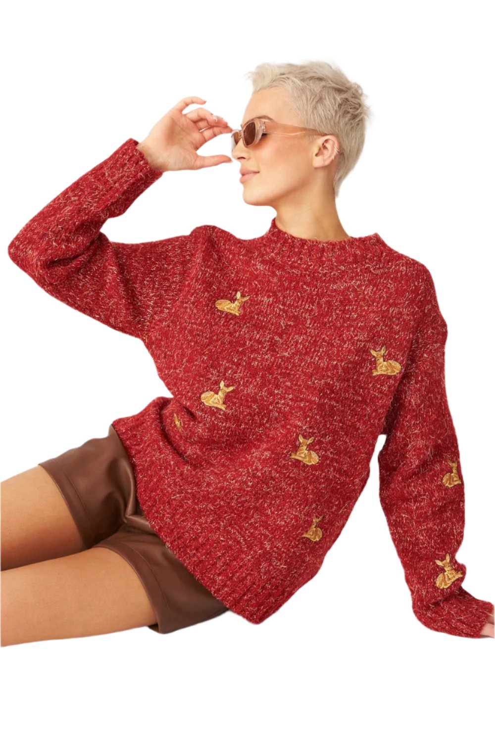 Red Glitter Christmas Jumper with Deer Embroidery-2