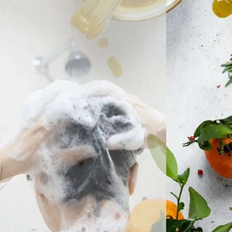 Two images: one of a person washing hair with soap suds, the other of oranges and leaves on a light background.