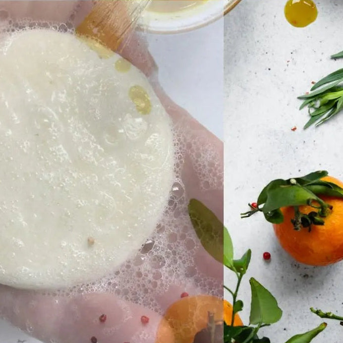 Two images side by side: one of a natural shampoo bar with bubbles and the other of oranges with green leaves on a light background.