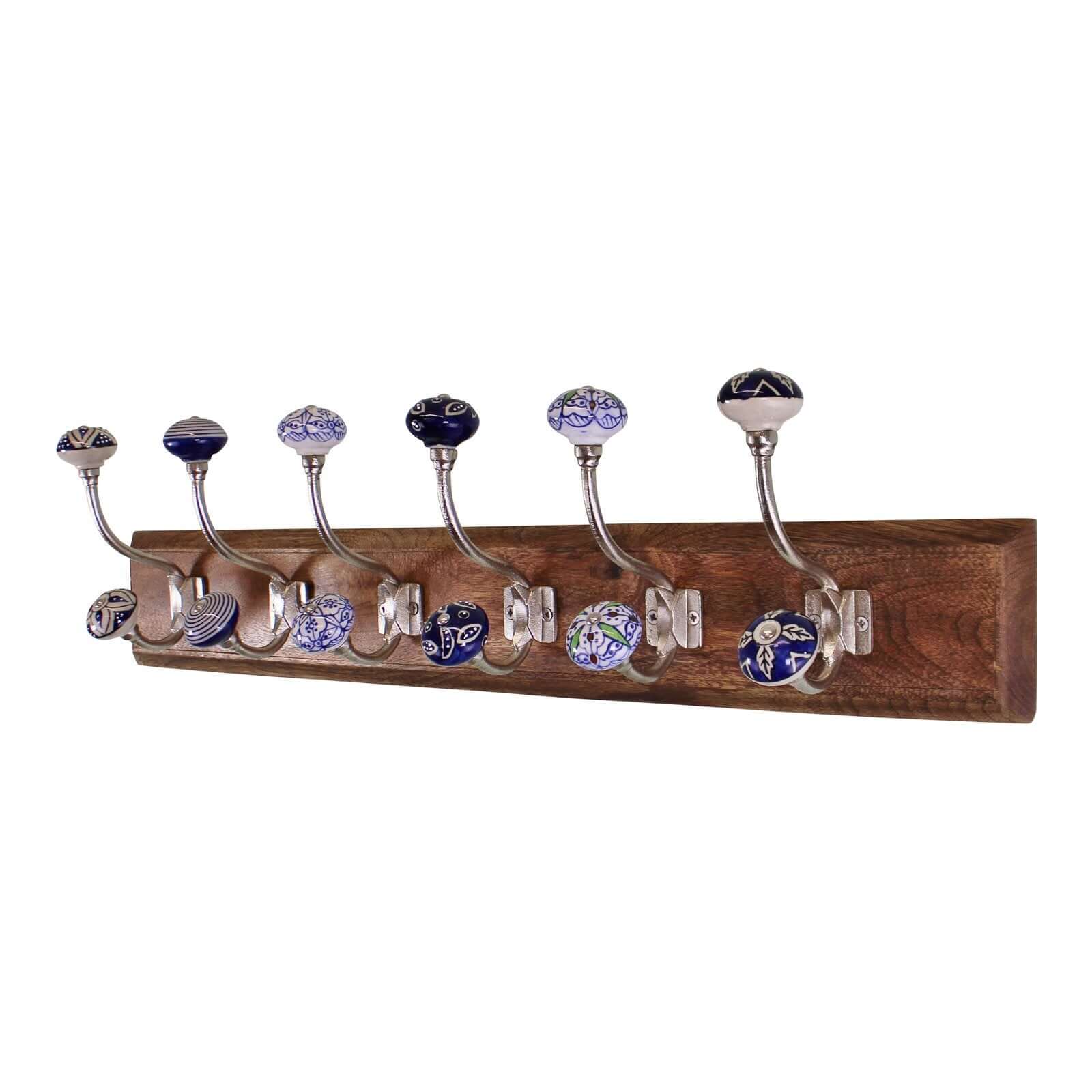 6 Double Ceramic Blue & White Coat Hooks On Wooden Base-2