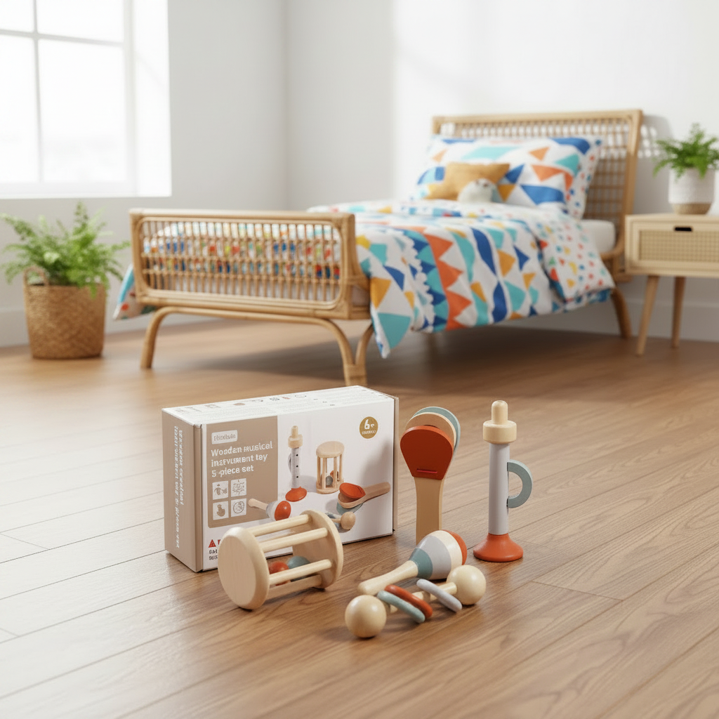 A wooden toy set for babies and toddlers displayed on a light wood floor in a bright nursery, with its product packaging box in the foreground and a rattan bed with colorful bedding in the background.