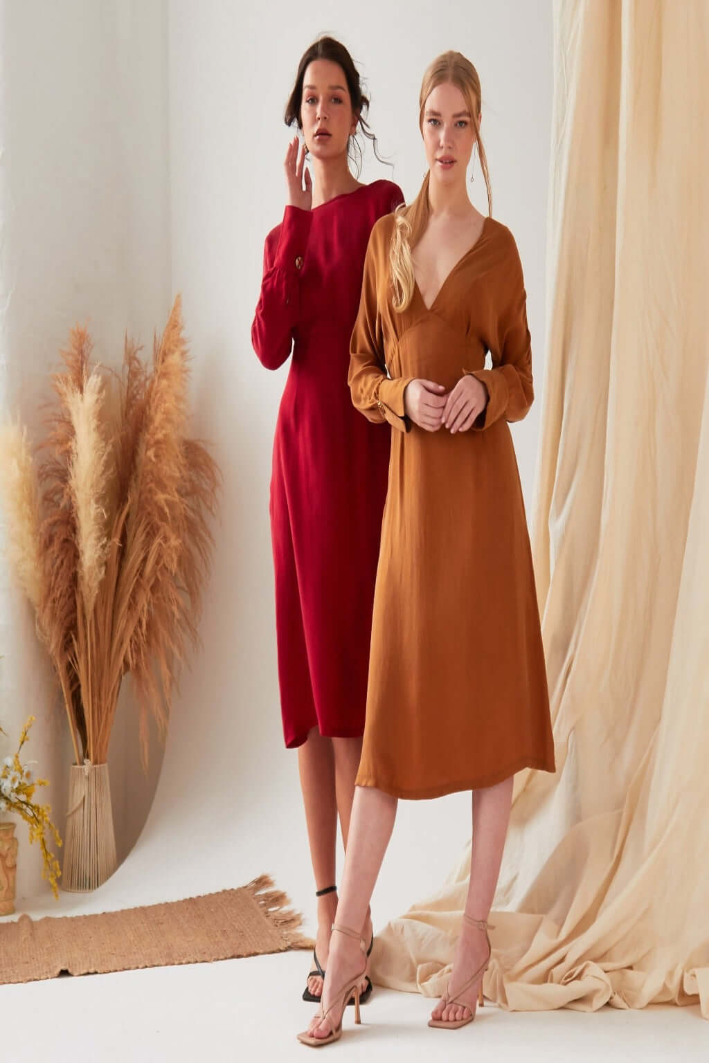 Mustard long sleeve Midi Dress-17