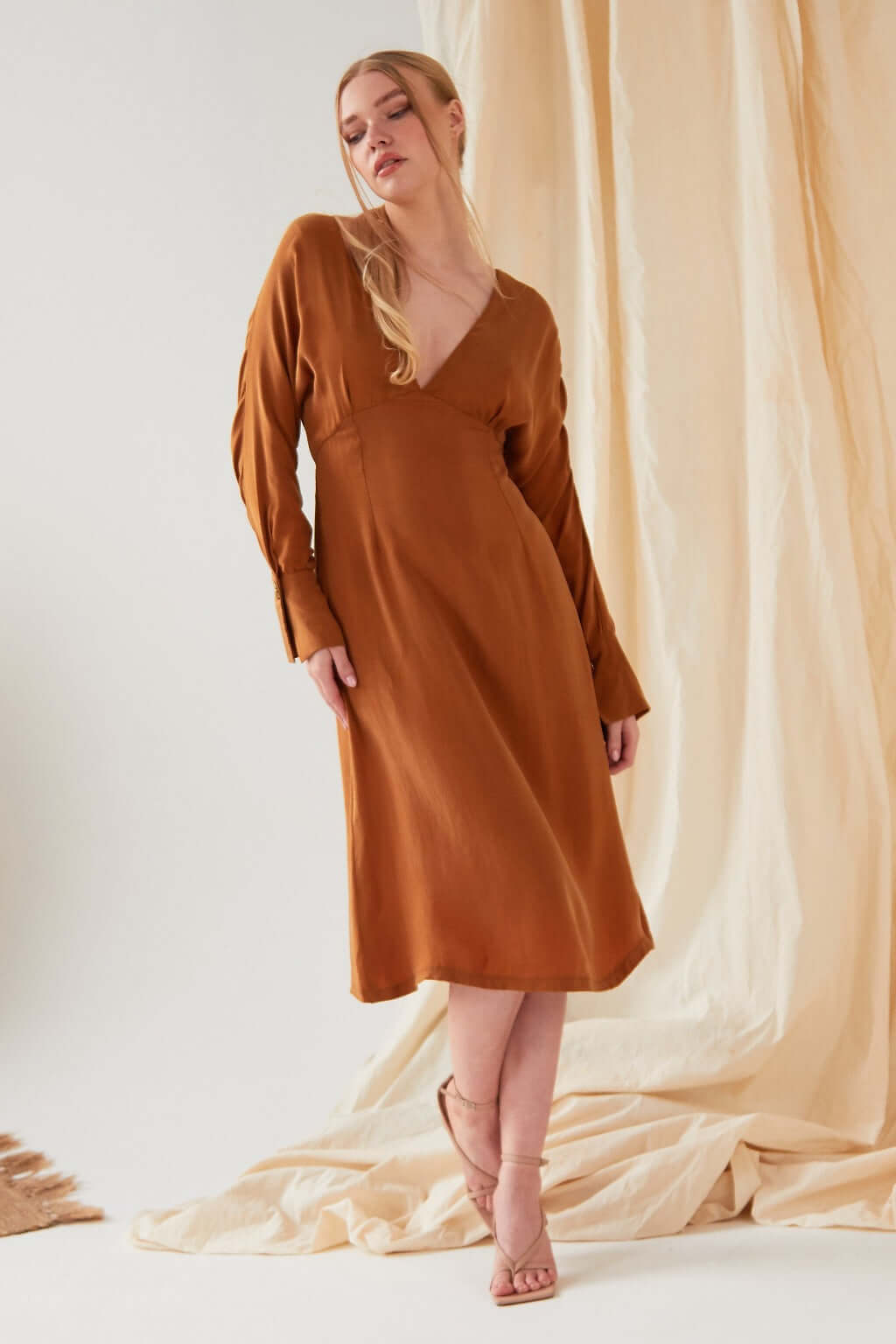 Mustard long sleeve Midi Dress-0