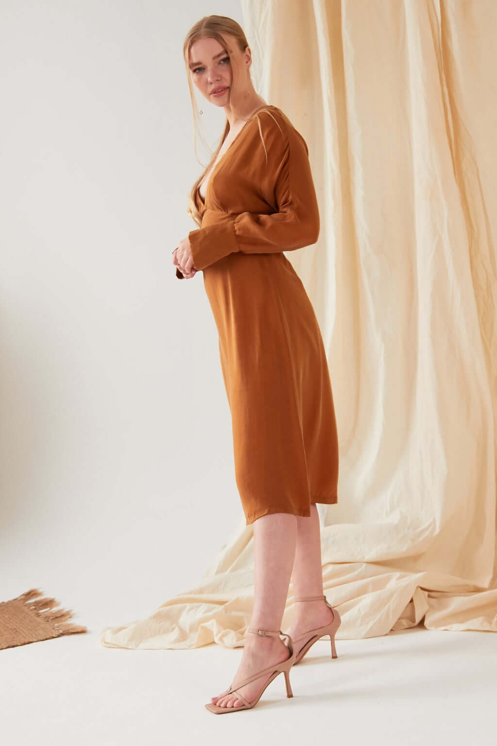 Mustard long sleeve Midi Dress-13