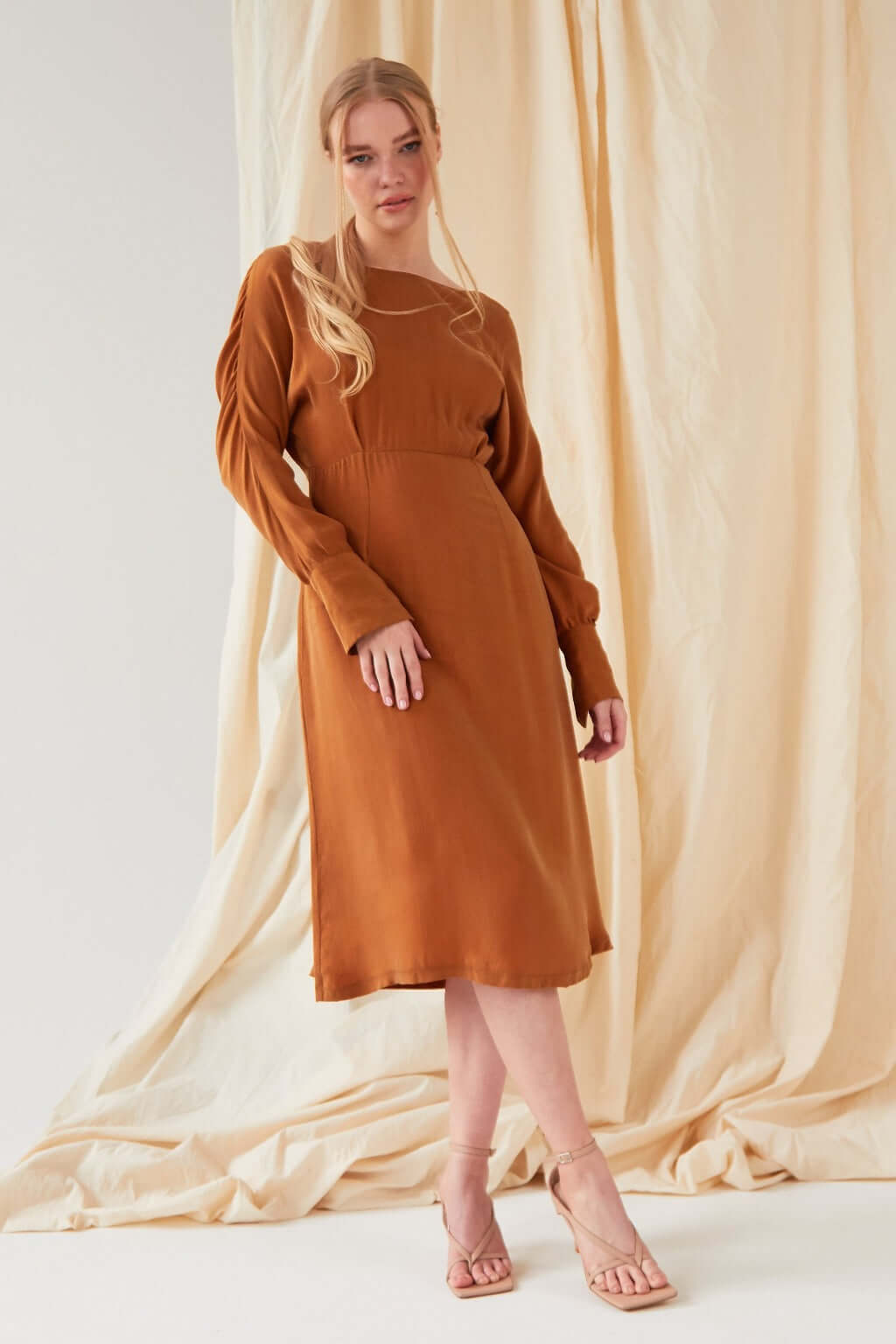 Mustard long sleeve Midi Dress-7