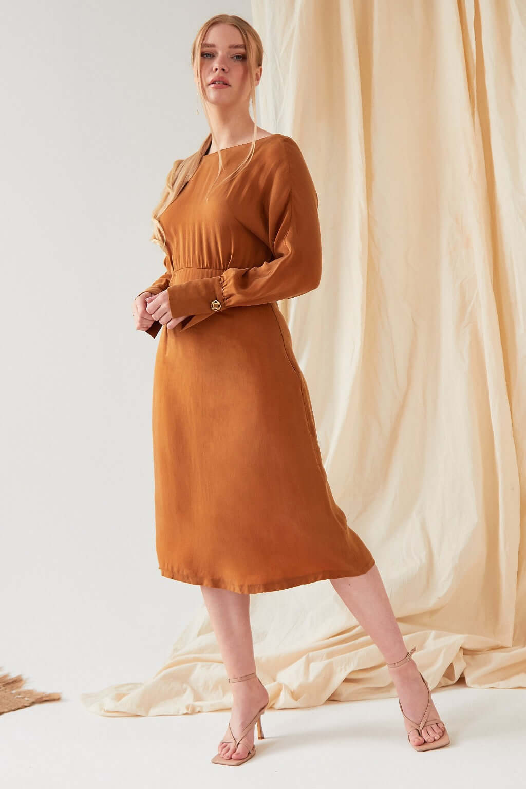 Mustard long sleeve Midi Dress-8