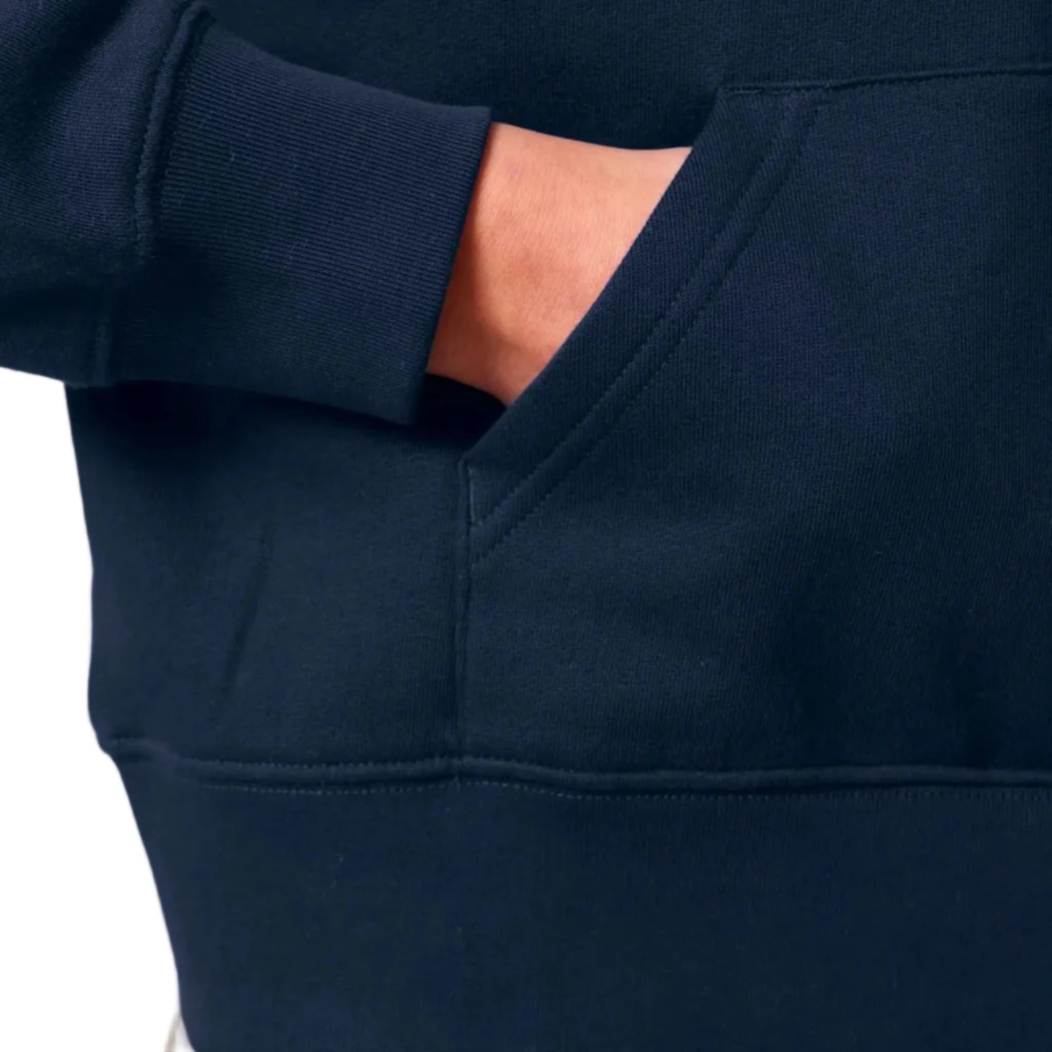 Navy blue hoodie with a pocket detail on a white background