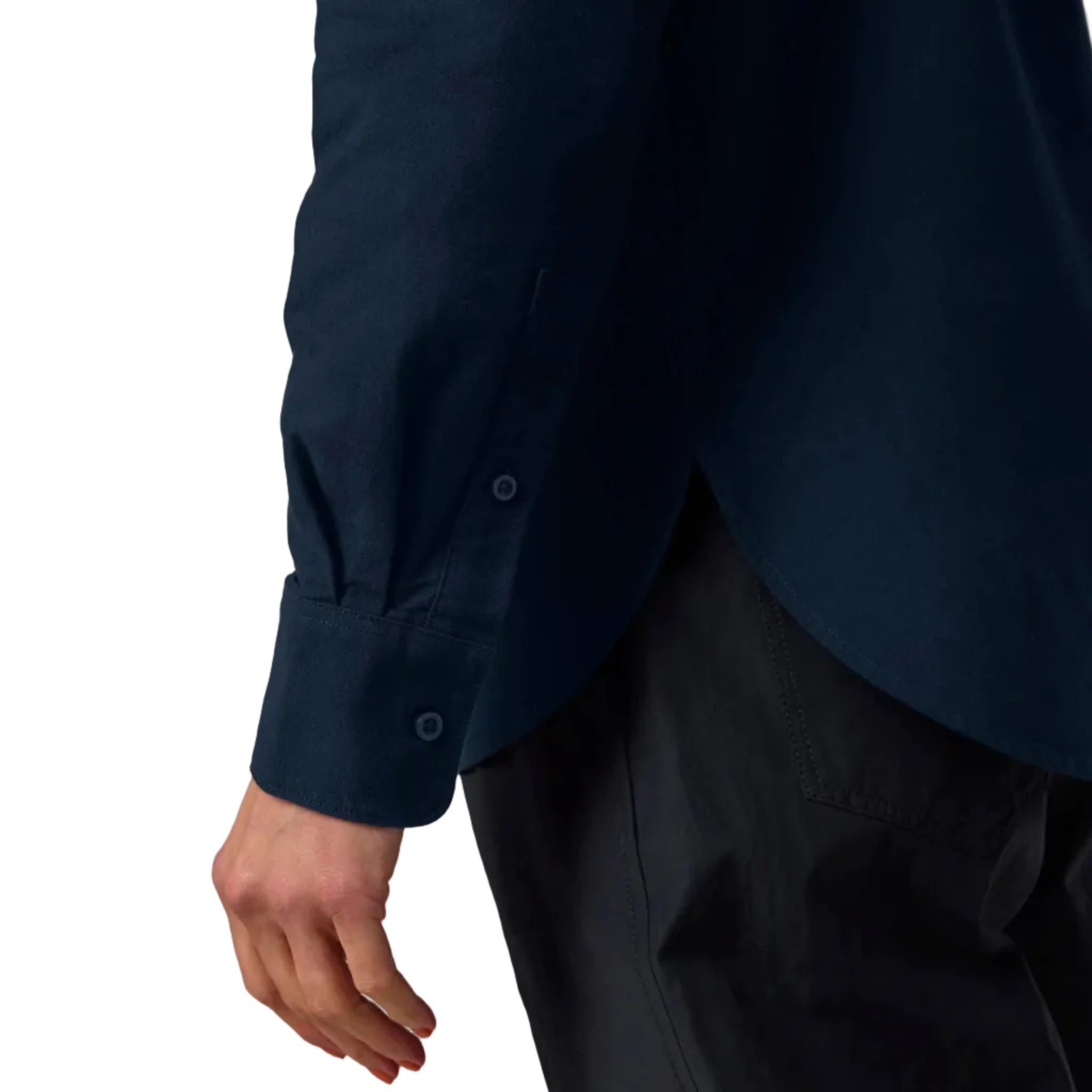 Navy blue shirt with rolled-up sleeves on a white background