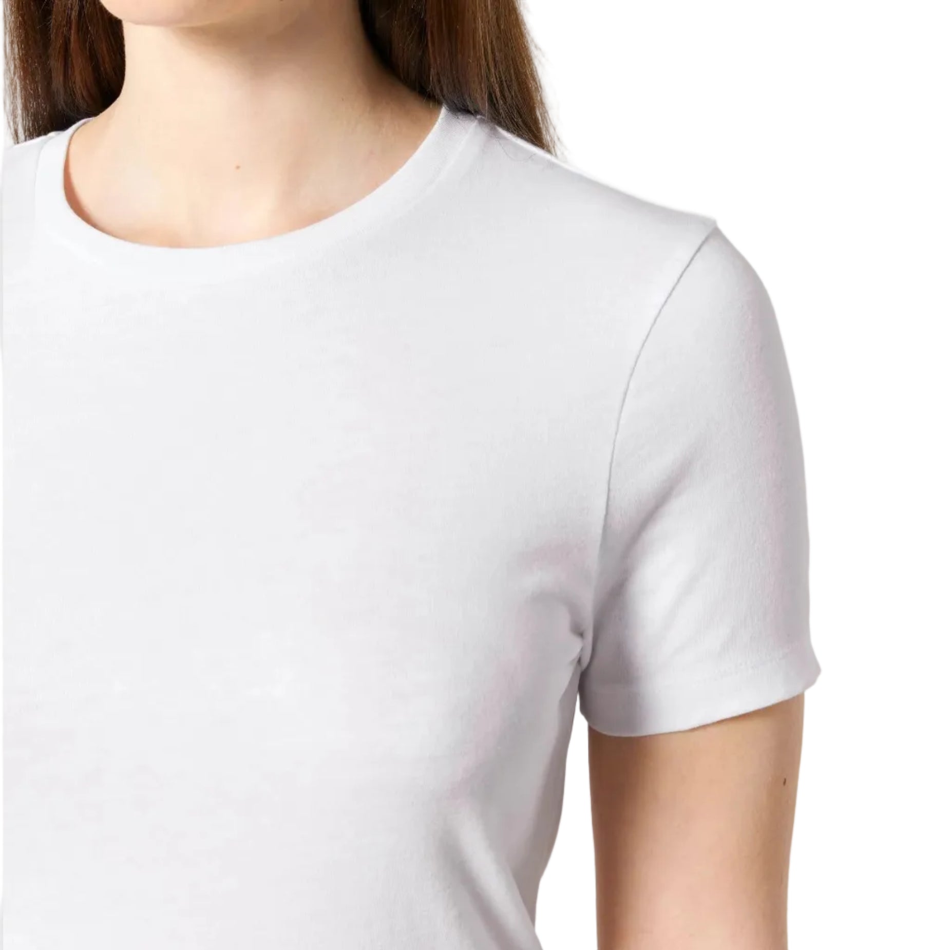 White t-shirt worn by a person on a white background