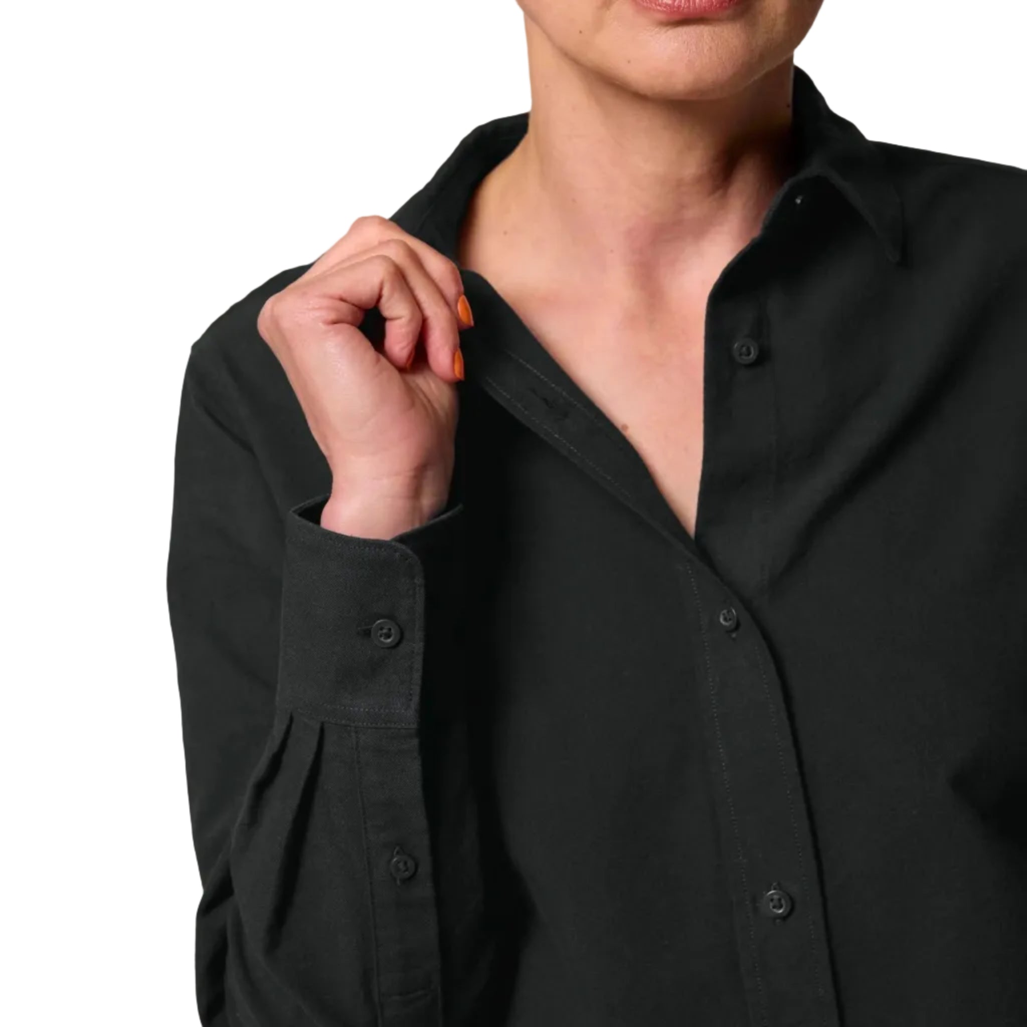Person wearing a black shirt with a white background