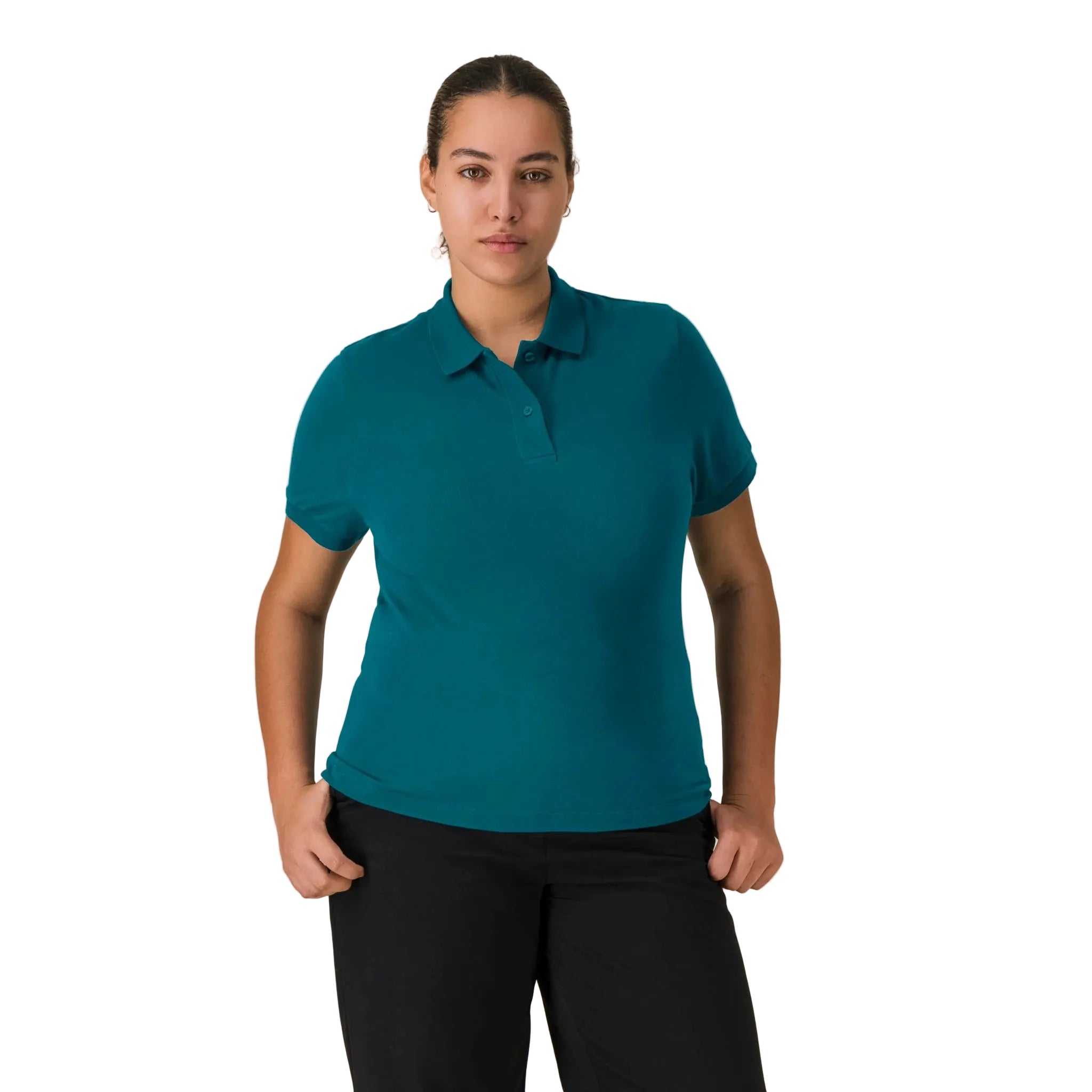 Woman wearing a teal polo shirt and black pants on a white background