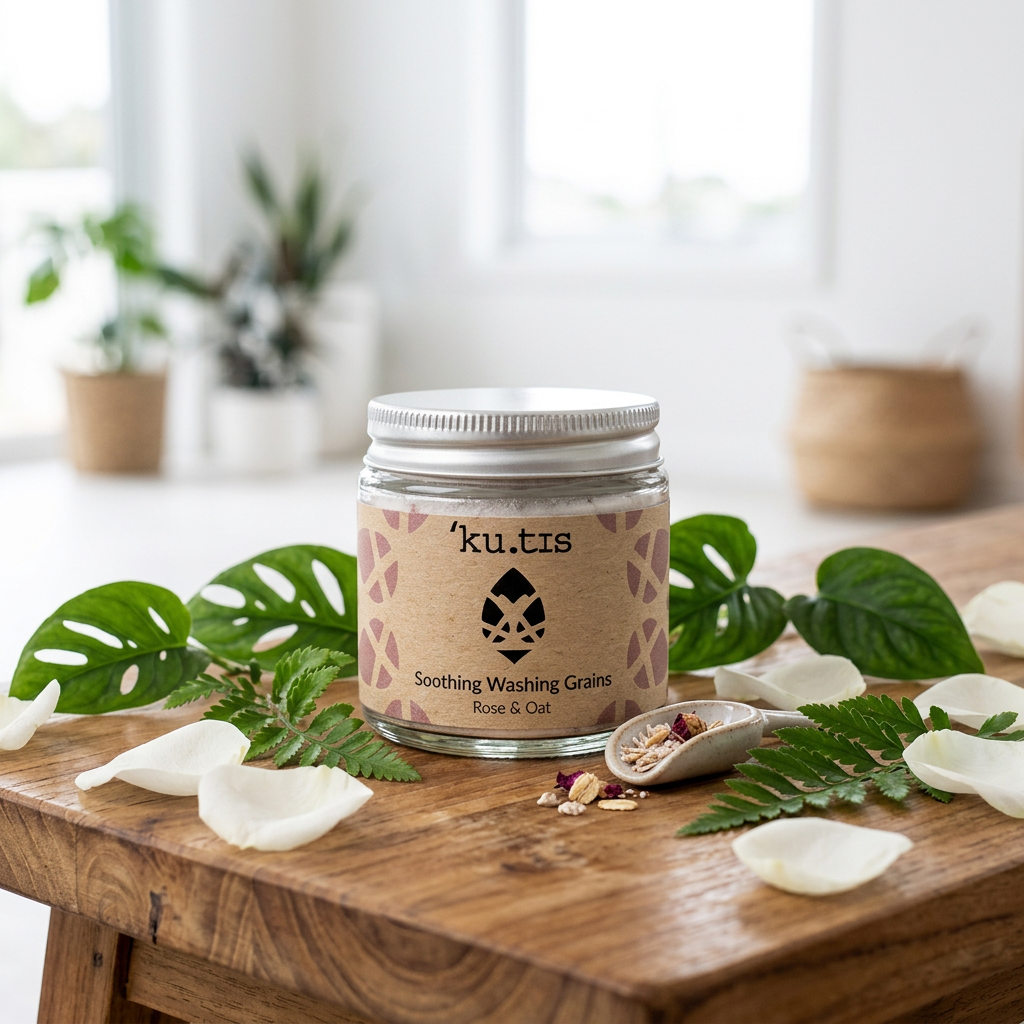 Kutis Soothing Rose & Oat Washing Grains jar on a wooden board with petals and leaves