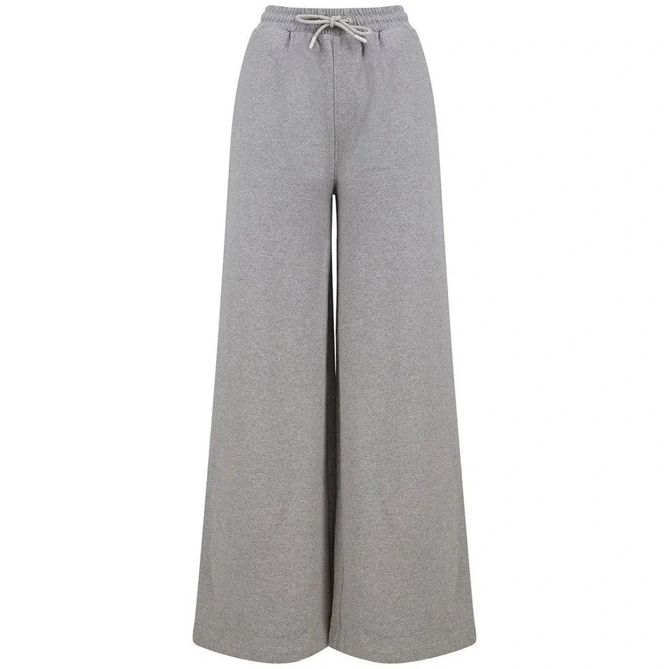 Gray wide-leg pants with a drawstring waist on a white background