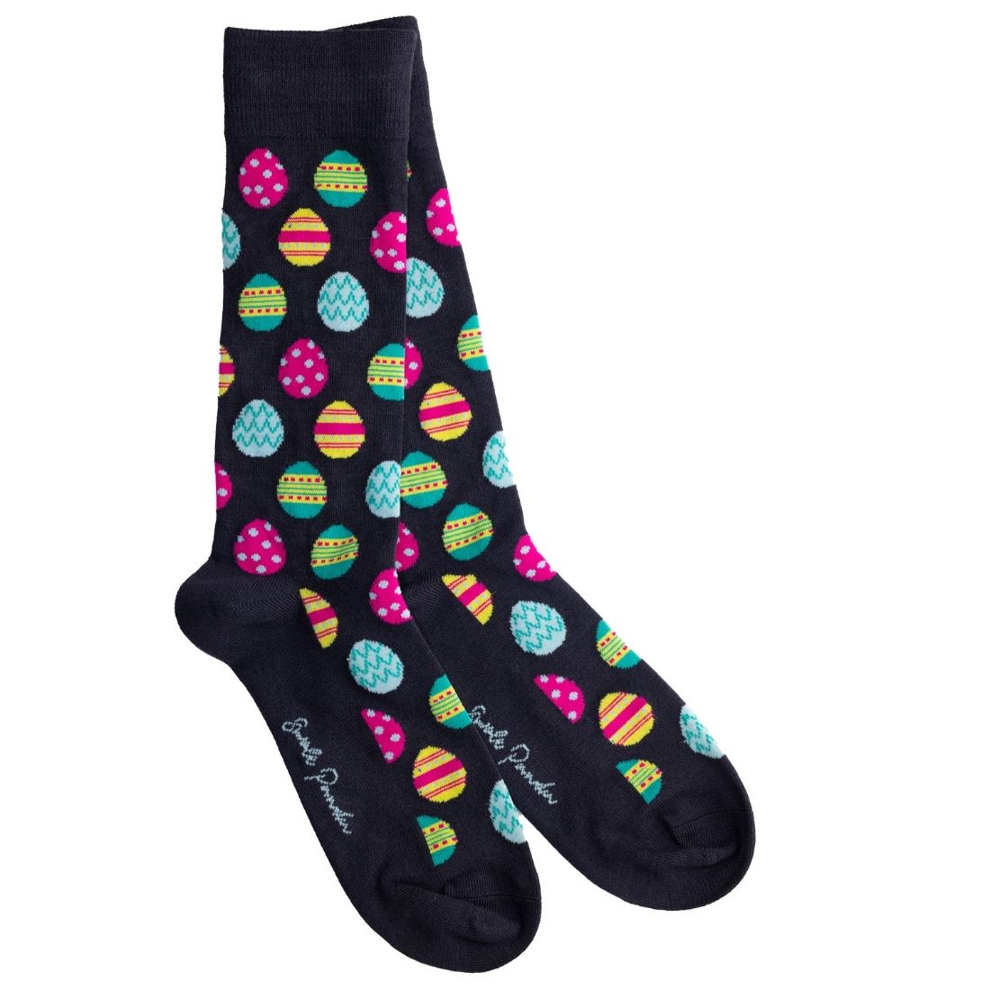 Black socks with colorful Easter egg pattern on a white background