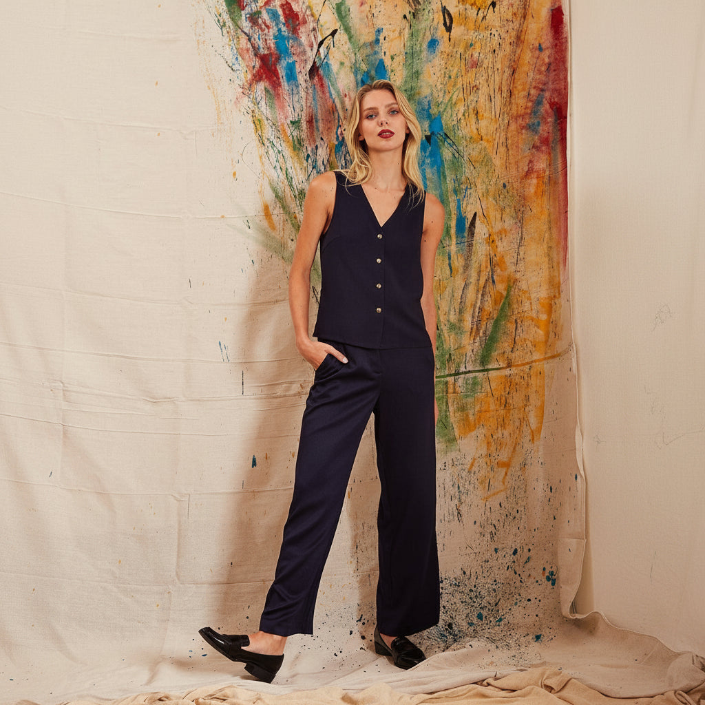 Woman in a navy blue sleeveless top and pants standing against a colorful abstract wall.