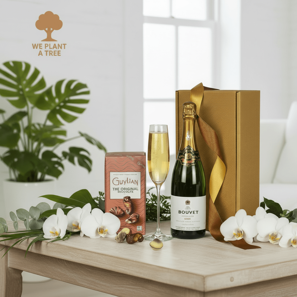 A bottle of Bouvet spa, a glass, and Guylian chocolate on a table with a plant and flowers in the background.kling wine