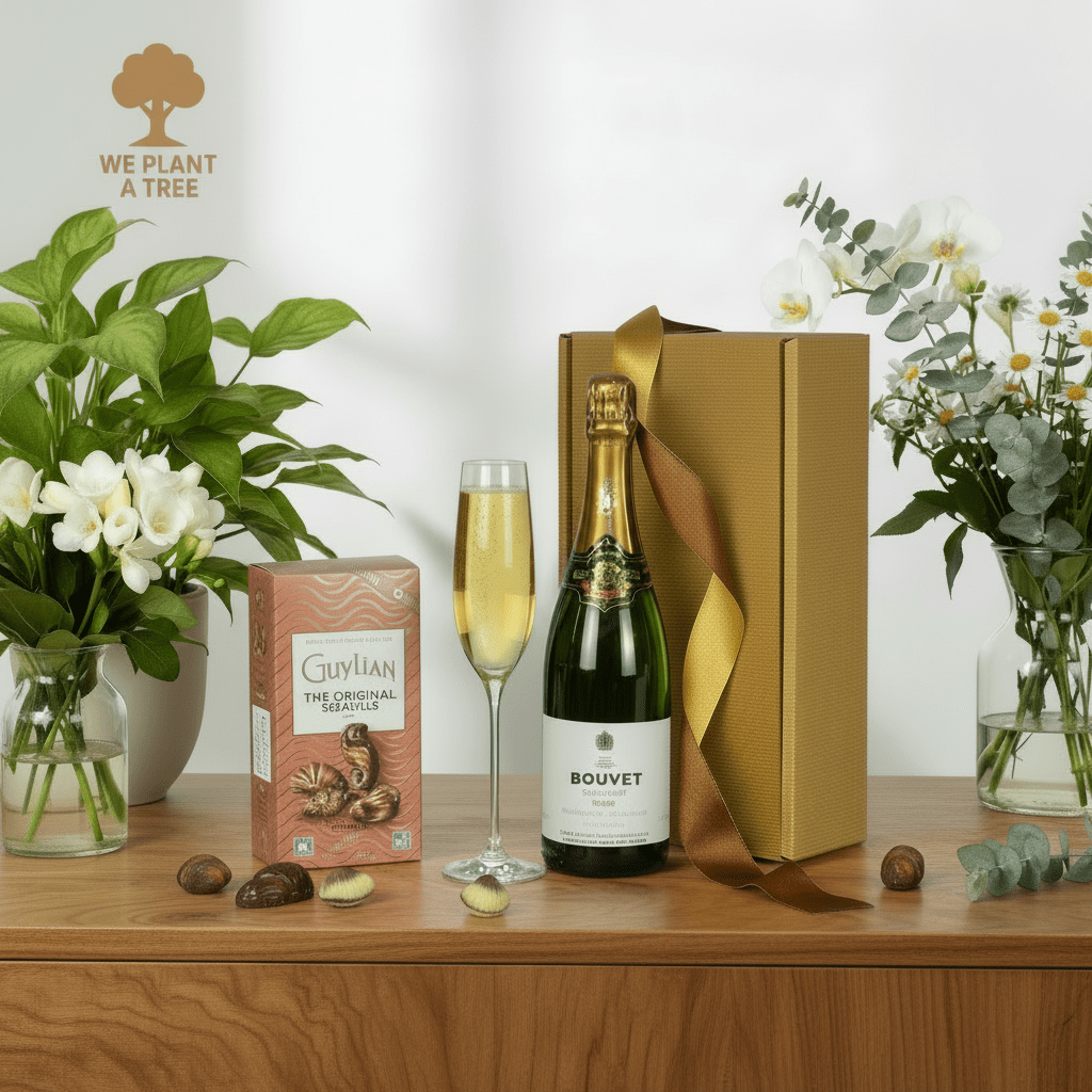 Bottle of Bouvet sparkling wine with a glass, box, and flowers on a wooden table.