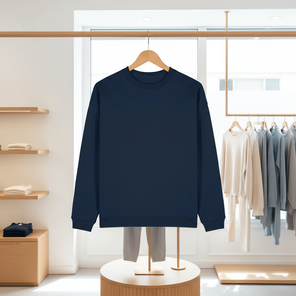 A navy blue sweatshirt on a hanger in a store setting with other clothing in the background.