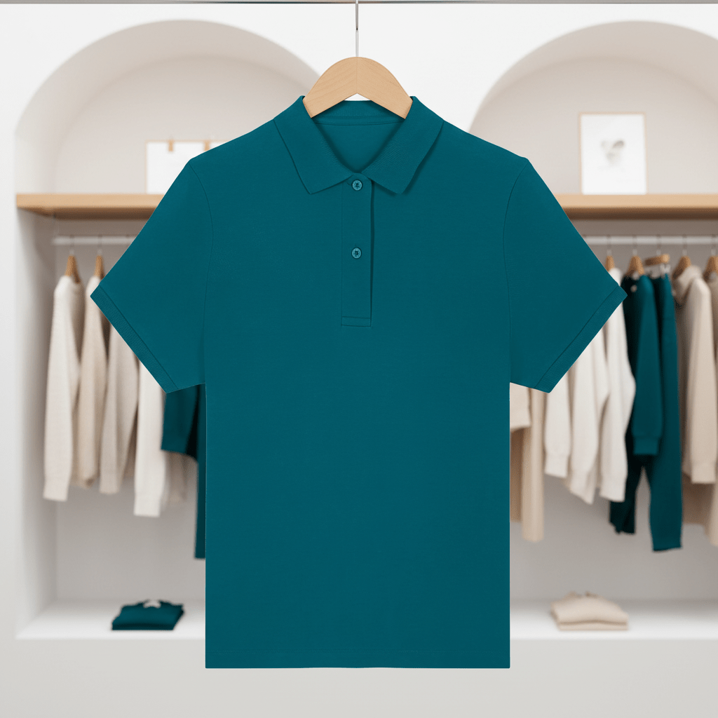 Teal polo shirt on a hanger with a blurred background of a clothing store.