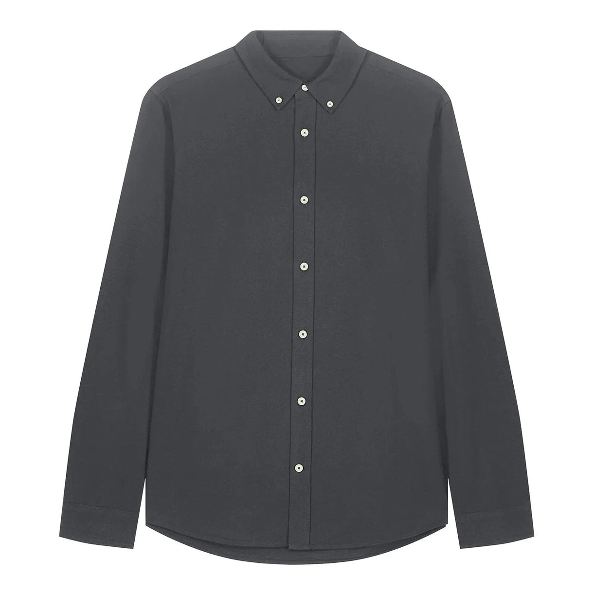 Dark grey button-up shirt on a white background