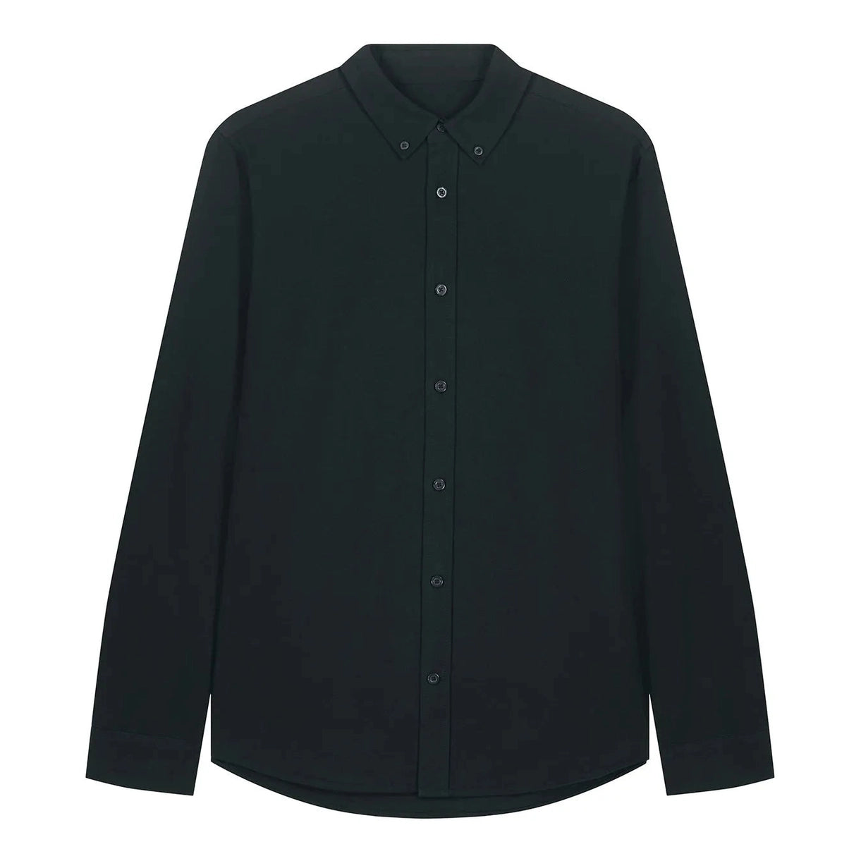 Black button-up shirt on a white background
