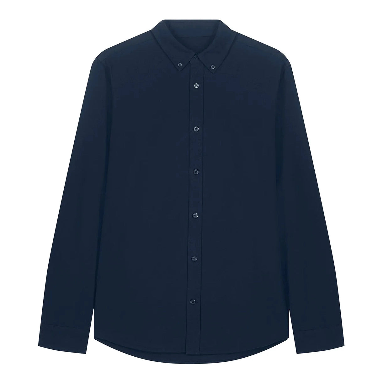 Navy blue button-up shirt on a white background