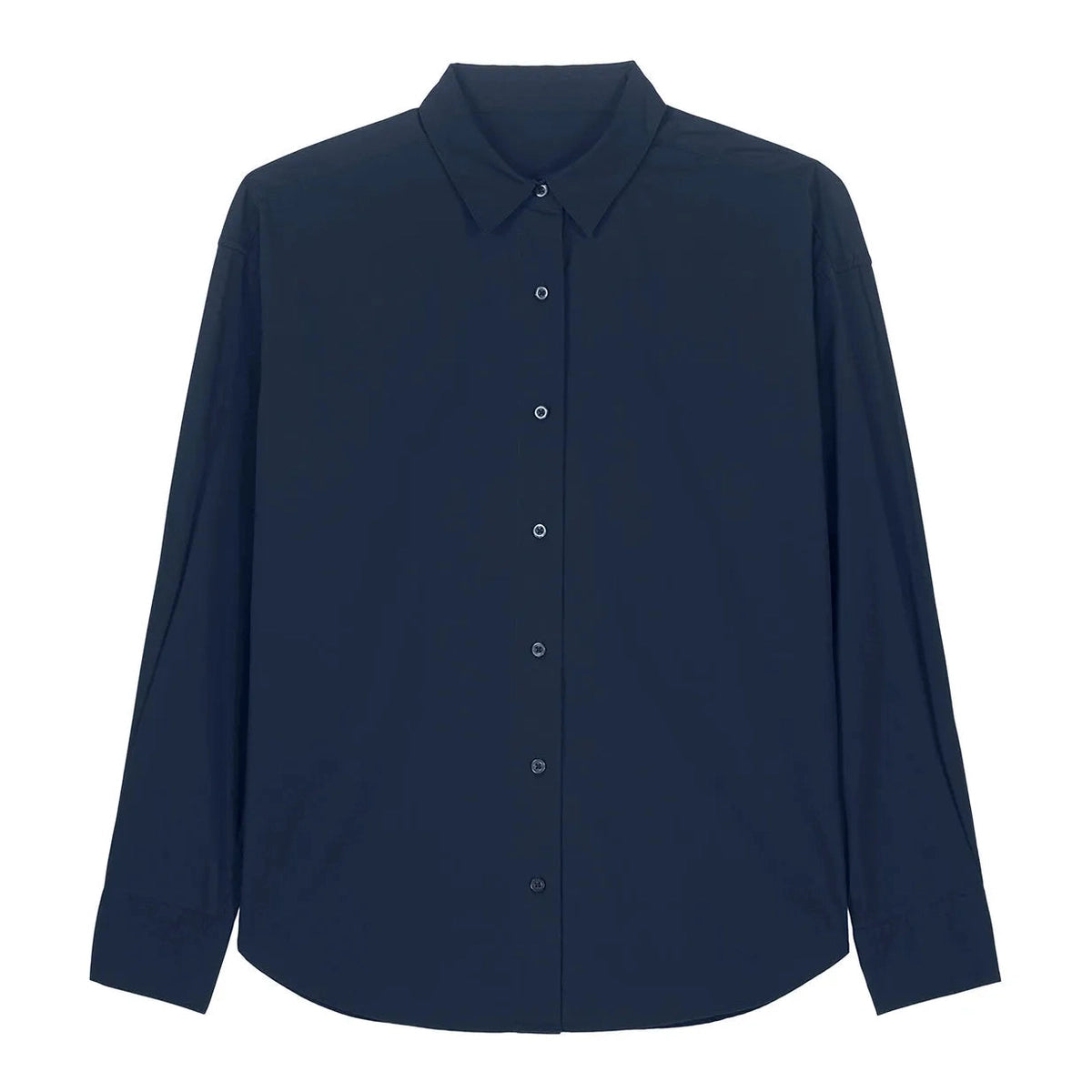 Navy blue button-up shirt on a white background