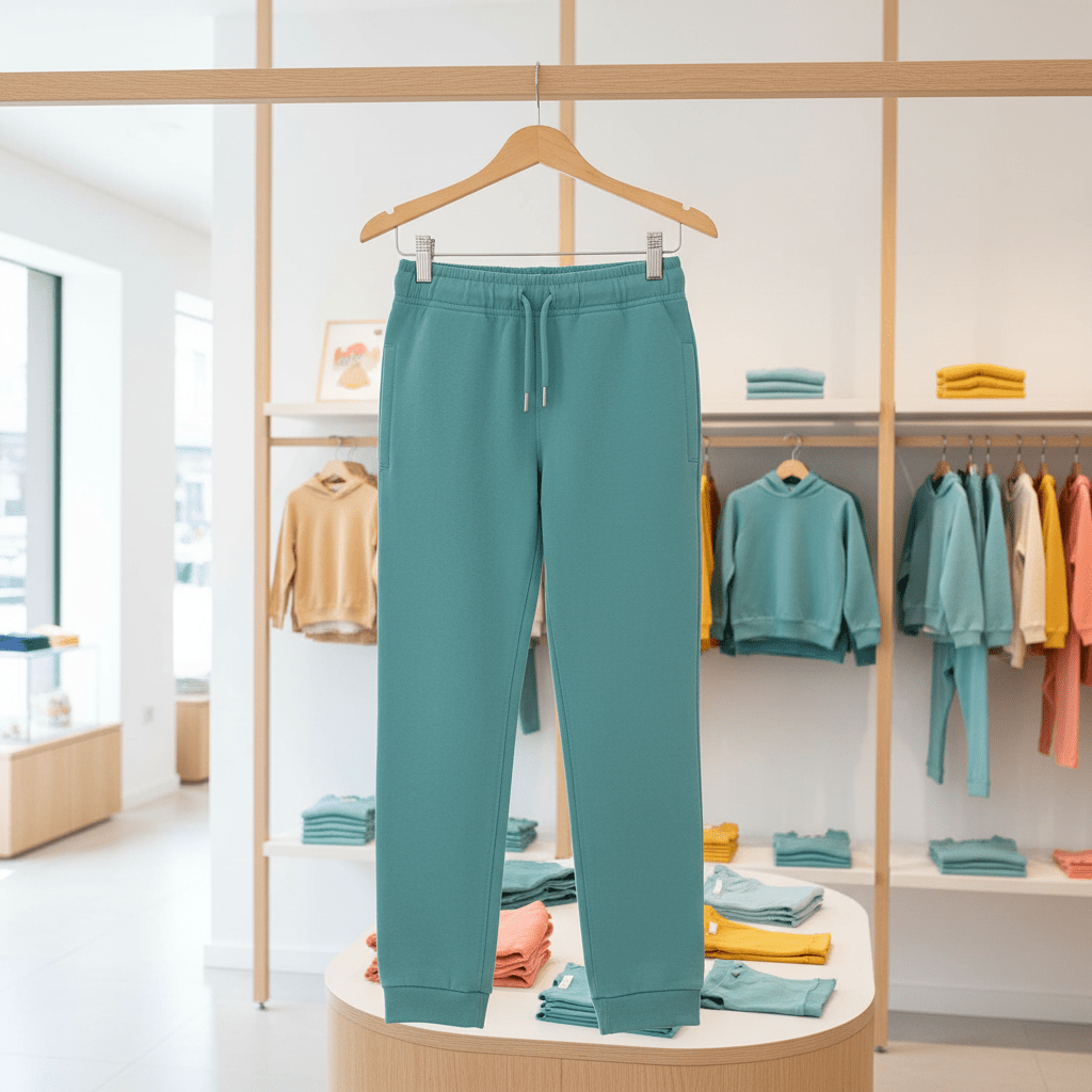 Teal sweatpants on a hanger in a clothing store setting with various garments in the background.