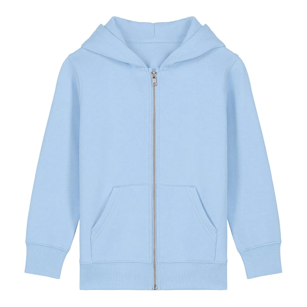 Light blue hoodie with a zipper on a white background