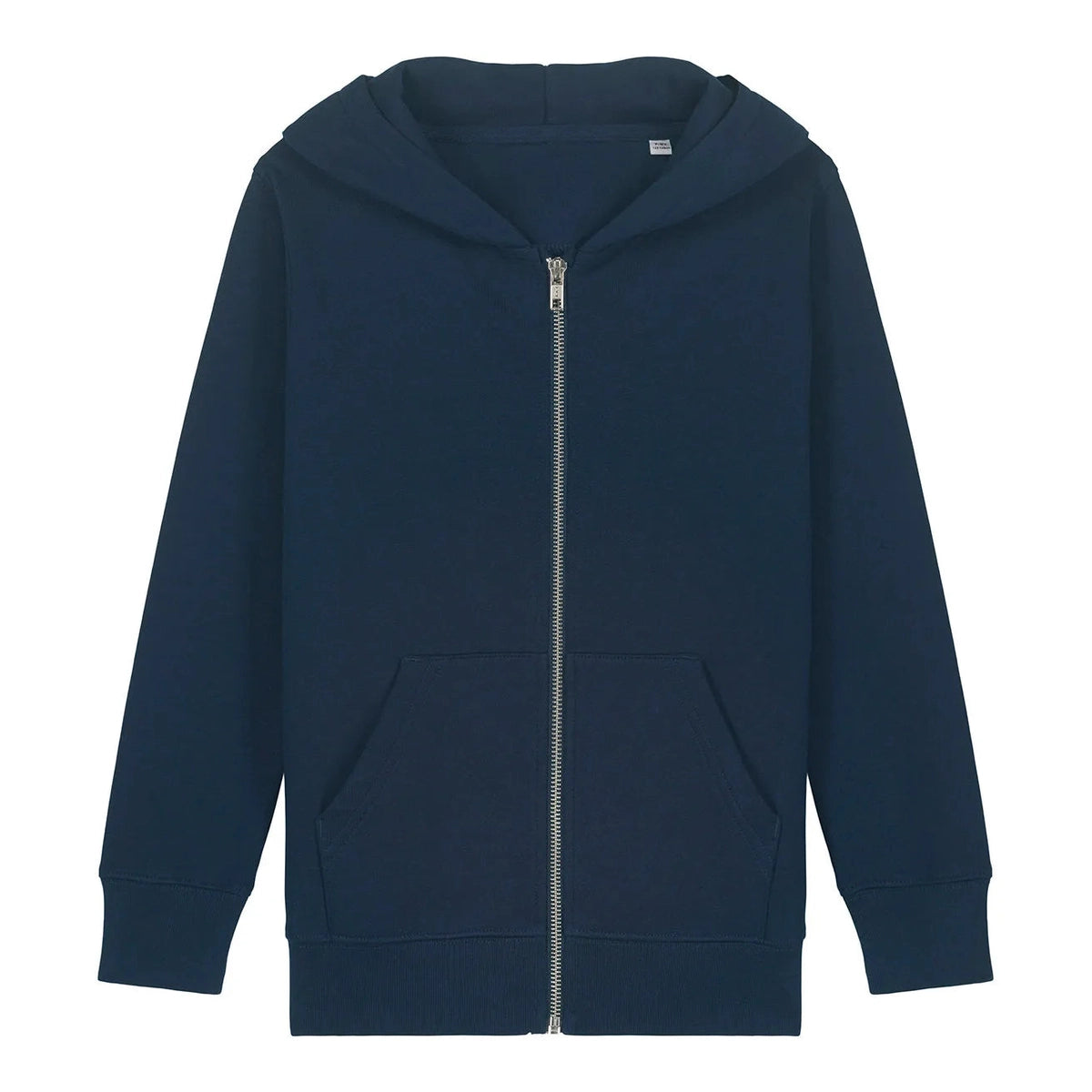 Navy blue hoodie with a zipper on a white background